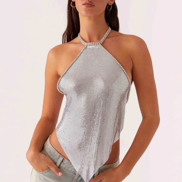 Peppermayo Exclusive - Celebrate Halterneck Chainmail Top - Silver - Picture 1 of 2